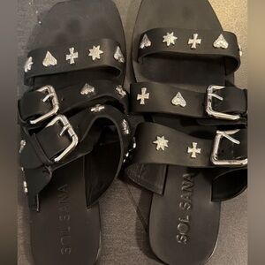 Sol Sana Black Leather Slide Sandals with Silver Stud Accents